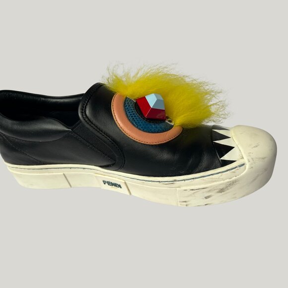 Fendi Monster Slip-On Sneakers Black Yellow Fur 37.5 COA - Picture 10 of 12